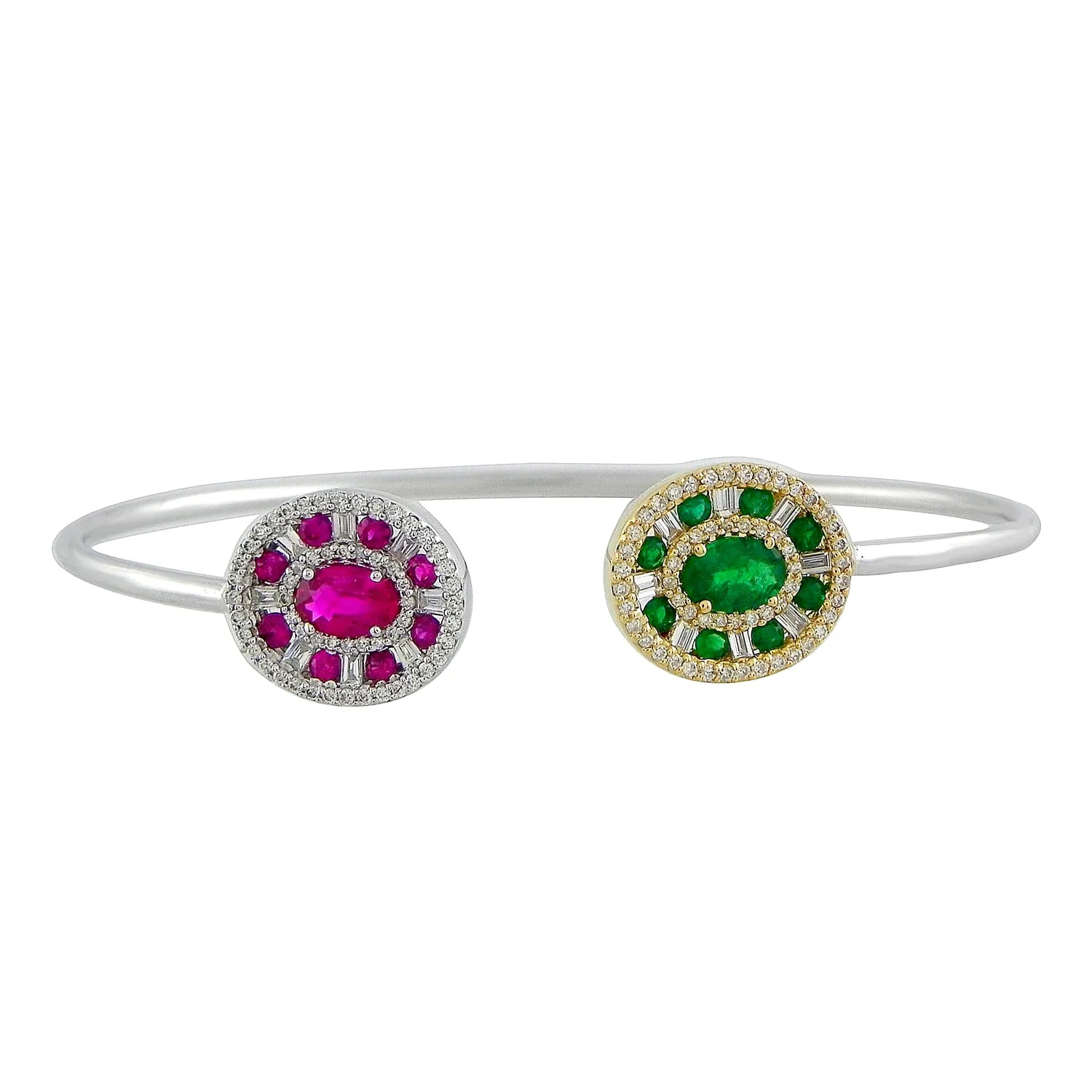 Ruby & Emerald Baguette Diamond Designer Cuff Bracelet In 18k White Gold