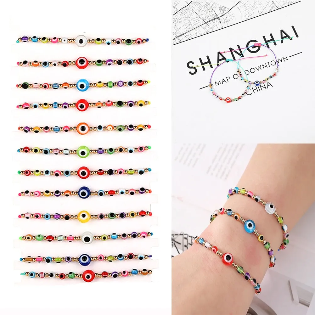 Set of 12 Intricately Woven Turkish Blue Eye Crystal Bracelets: A Handcrafted Accessory Perfect for Women’s Parties, Birthdays and Everyday Style