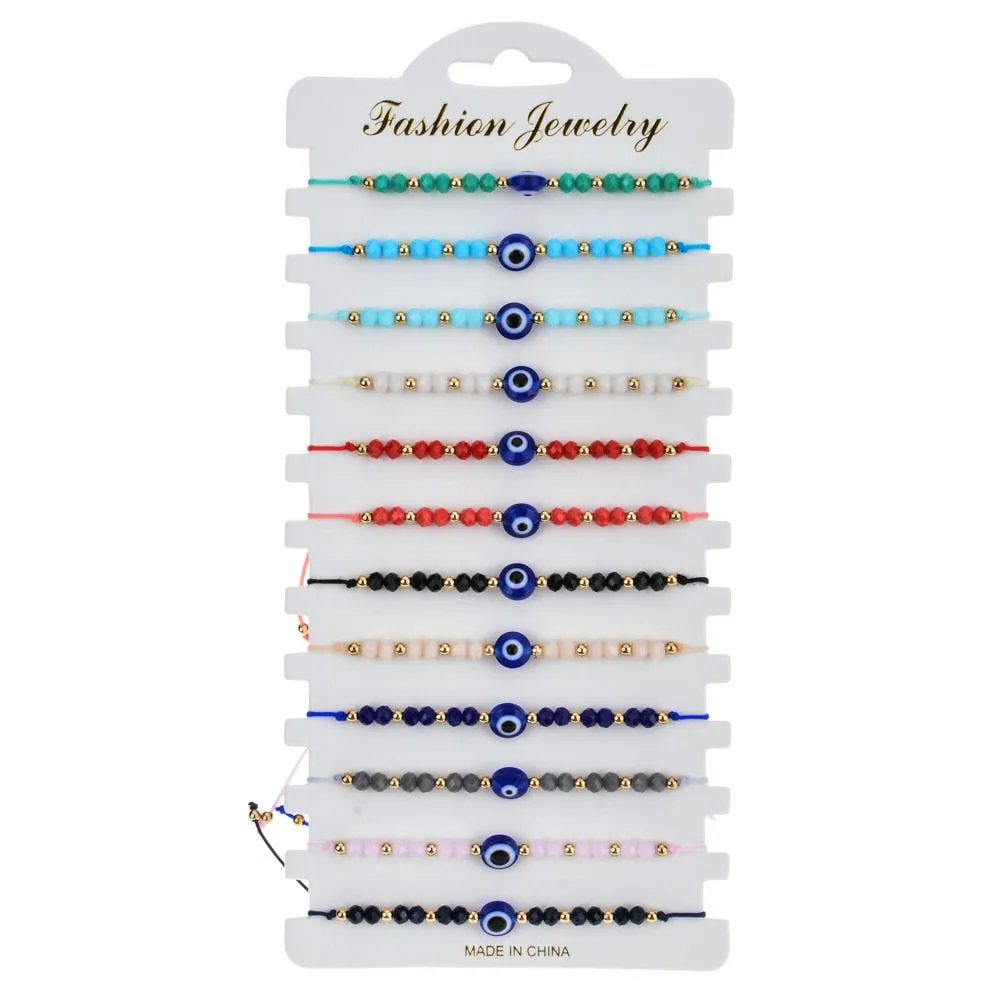 Set of 12 Intricately Woven Turkish Blue Eye Crystal Bracelets: A Handcrafted Accessory Perfect for Women’s Parties, Birthdays and Everyday Style