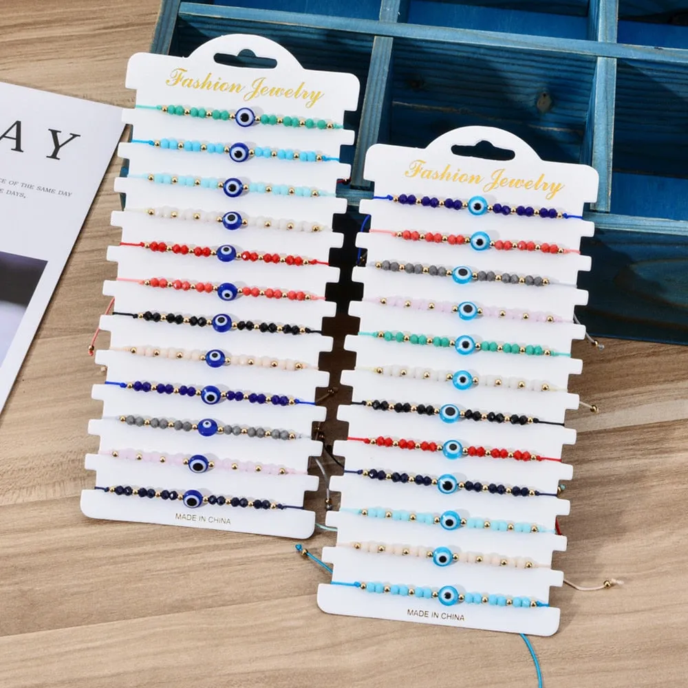 Set of 12 Intricately Woven Turkish Blue Eye Crystal Bracelets: A Handcrafted Accessory Perfect for Women’s Parties, Birthdays and Everyday Style