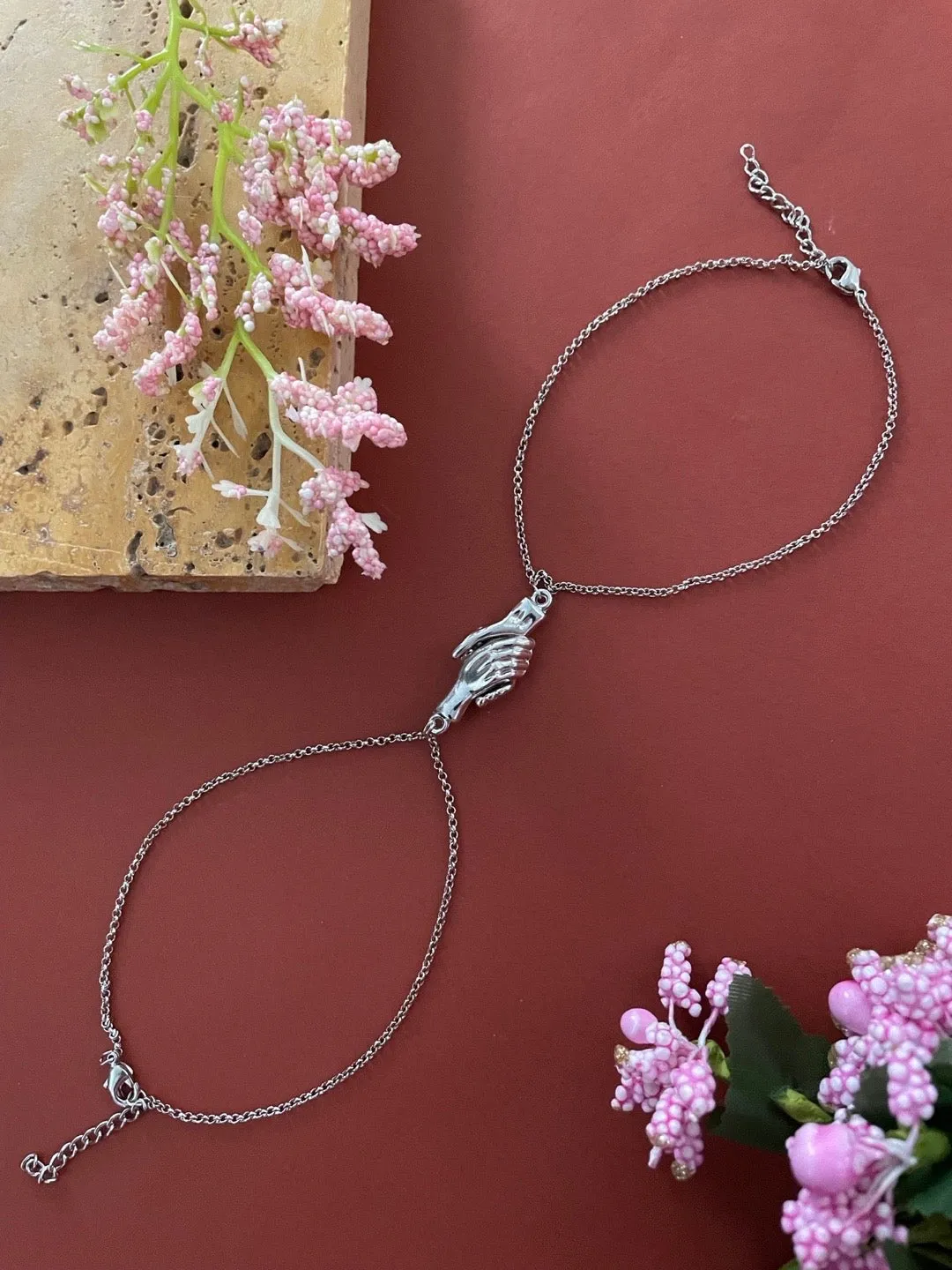 (Set of 2) Silver Plated Hand Holding Magnet Bracelets