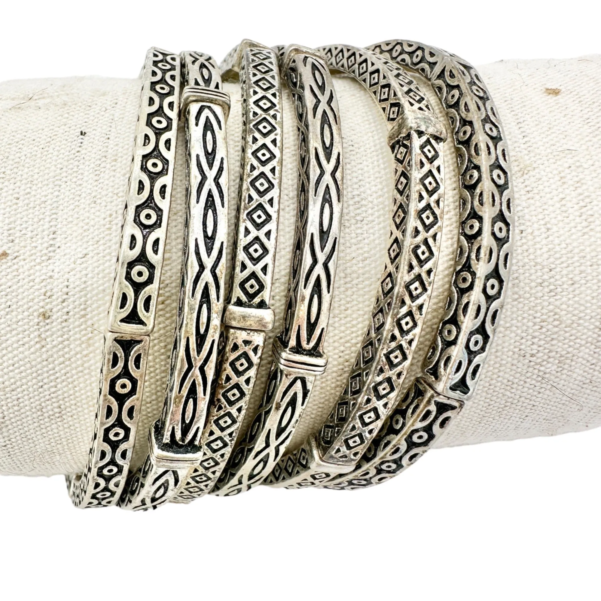 Set of 6 Bracelets Stretch Bangles Silver Celtic Look 2 ea of 3 Patterns NWOT