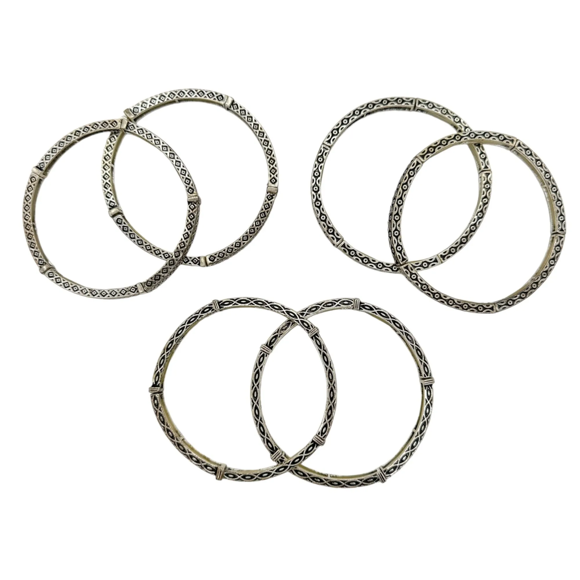 Set of 6 Bracelets Stretch Bangles Silver Celtic Look 2 ea of 3 Patterns NWOT