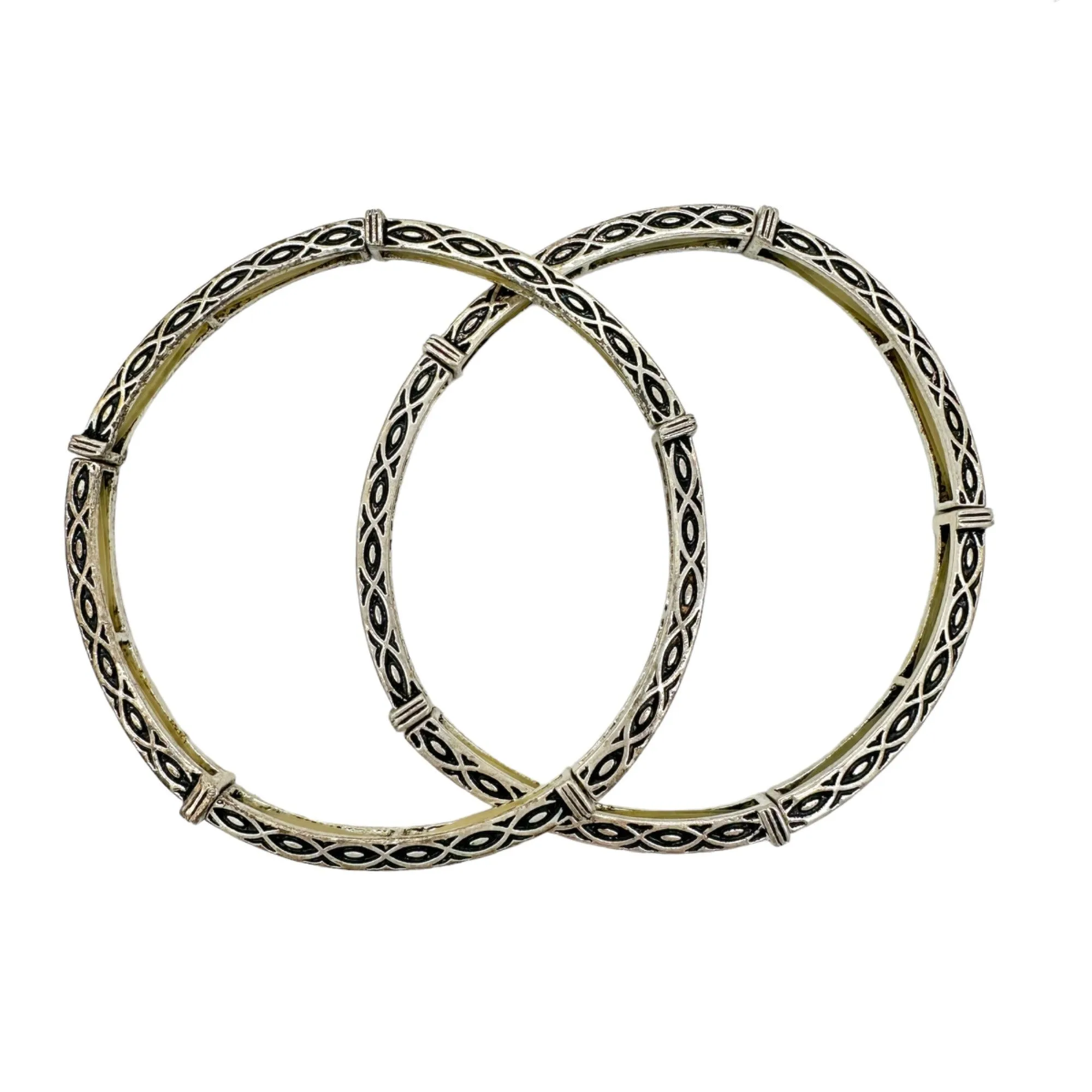 Set of 6 Bracelets Stretch Bangles Silver Celtic Look 2 ea of 3 Patterns NWOT