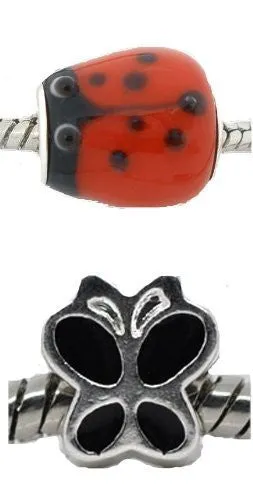 Set of Two (2) charms Love Bug & Butterfly Charm Beads for European Snake Chain Charm Bracelets