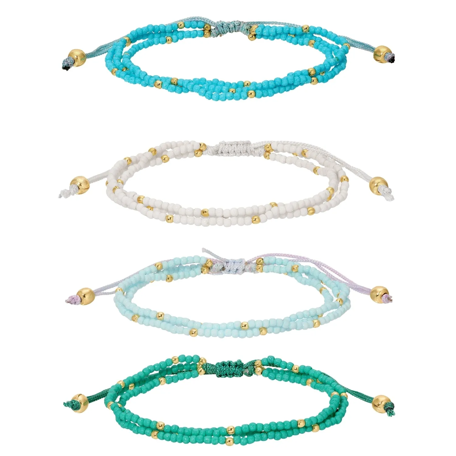 Set/12 Assorted 2mm triple layer adustable seed bead bracelets with gold bead accents
