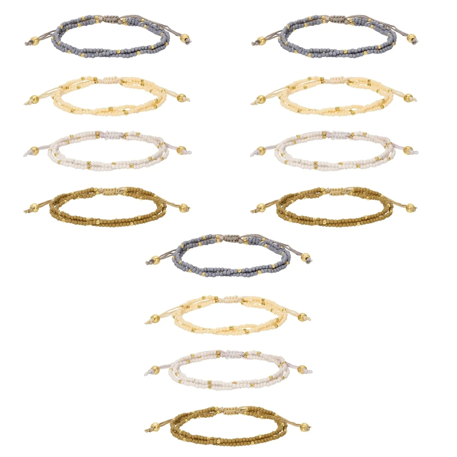 Set/12 Assorted 2mm triple layer adustable seed bead bracelets with gold bead accents