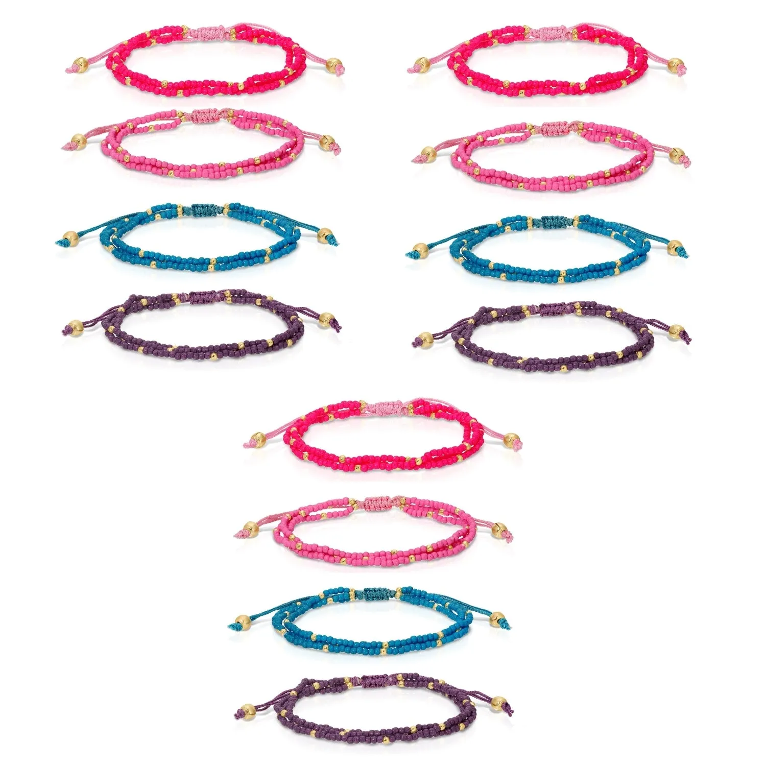 Set/12 Assorted 2mm triple layer adustable seed bead bracelets with gold bead accents