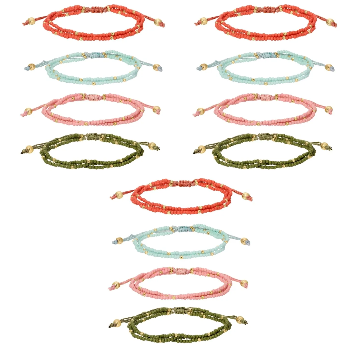 Set/12 Assorted 2mm triple layer adustable seed bead bracelets with gold bead accents