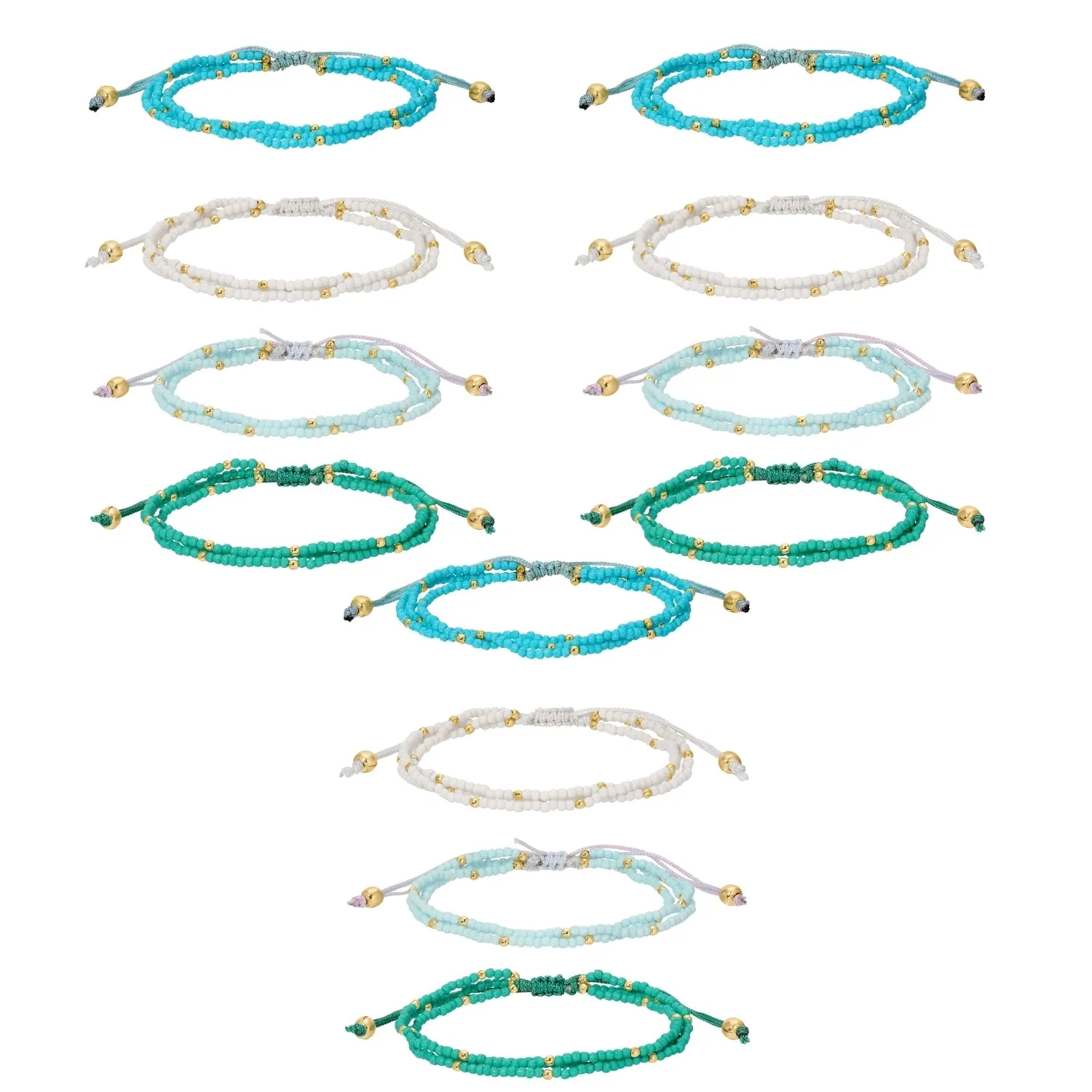 Set/12 Assorted 2mm triple layer adustable seed bead bracelets with gold bead accents