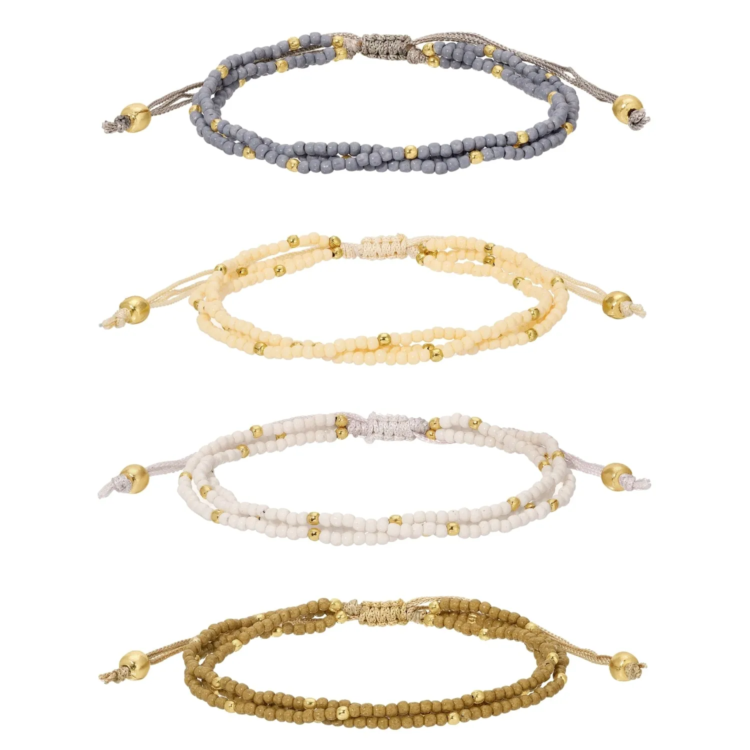 Set/12 Assorted 2mm triple layer adustable seed bead bracelets with gold bead accents