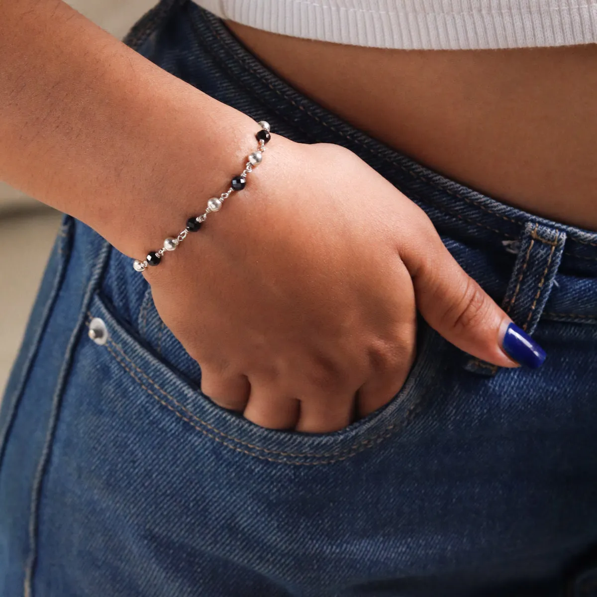 Silver Bracelet Black Spinel & Silver Beads