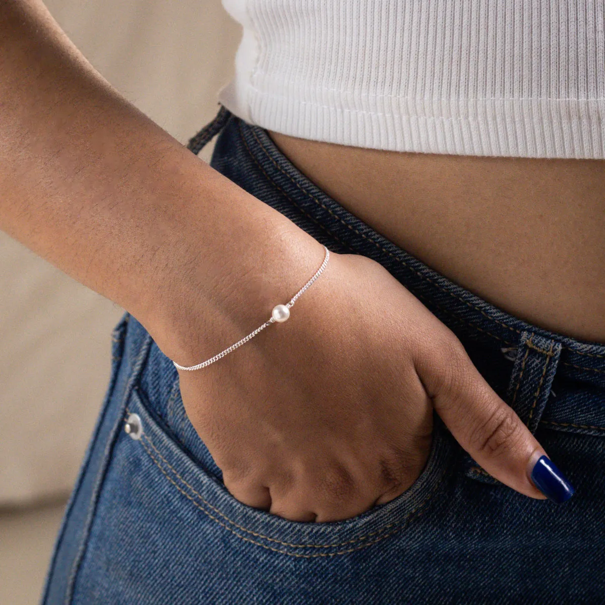 Silver Chain Single Pearl Bracelet