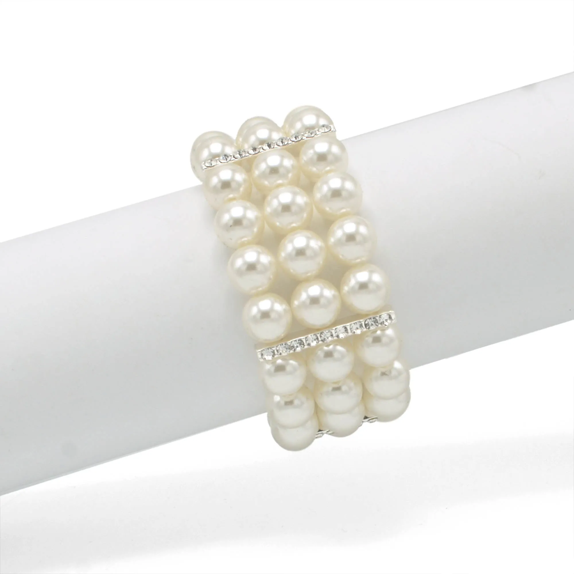 SILVER CREAM  PEARL 3 ROW MEMORY WIRE STRETCH BRACELET #Q4588S(ZB9-BEFORE NA LINE )