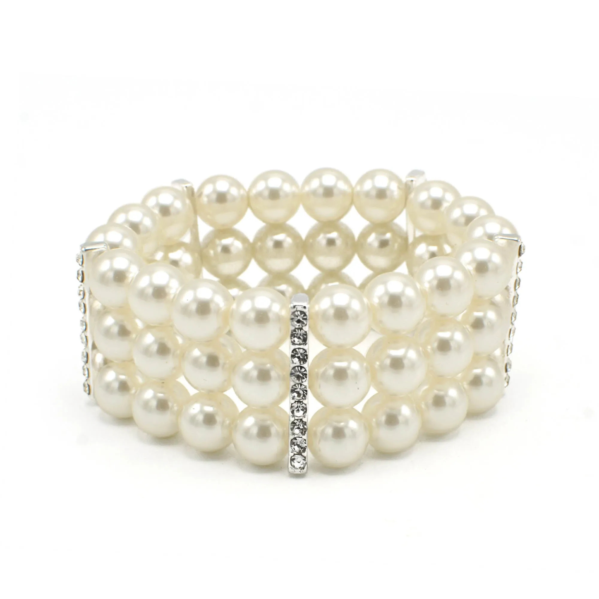 SILVER CREAM  PEARL 3 ROW MEMORY WIRE STRETCH BRACELET #Q4588S(ZB9-BEFORE NA LINE )