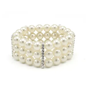 SILVER CREAM  PEARL 3 ROW MEMORY WIRE STRETCH BRACELET #Q4588S(ZB9-BEFORE NA LINE )