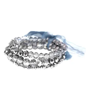 SILVER GRAY MIXED GLASS CRYSTAL WITH GRAY BOW STRETCH BRACELET SET OF 3PCS  #HNB91067_GRY_MIX (TD12/R-HH6)