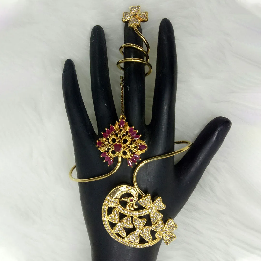 SLP 3124 Indian Bollywood Ethnic Gold Plated Red Ruby Stones Studded American Diamond Cubic Zirconia Chain-link Imitation Bracelets Wedding Bridal Bijoux