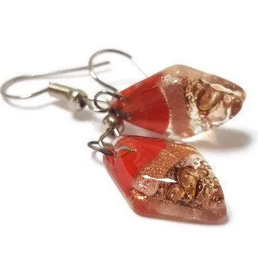 Small Diamond Shaped Red, Copper and brown Recycled Fused Glass Earrings