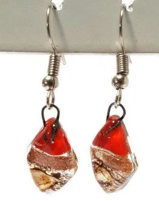 Small Diamond Shaped Red, Copper and brown Recycled Fused Glass Earrings
