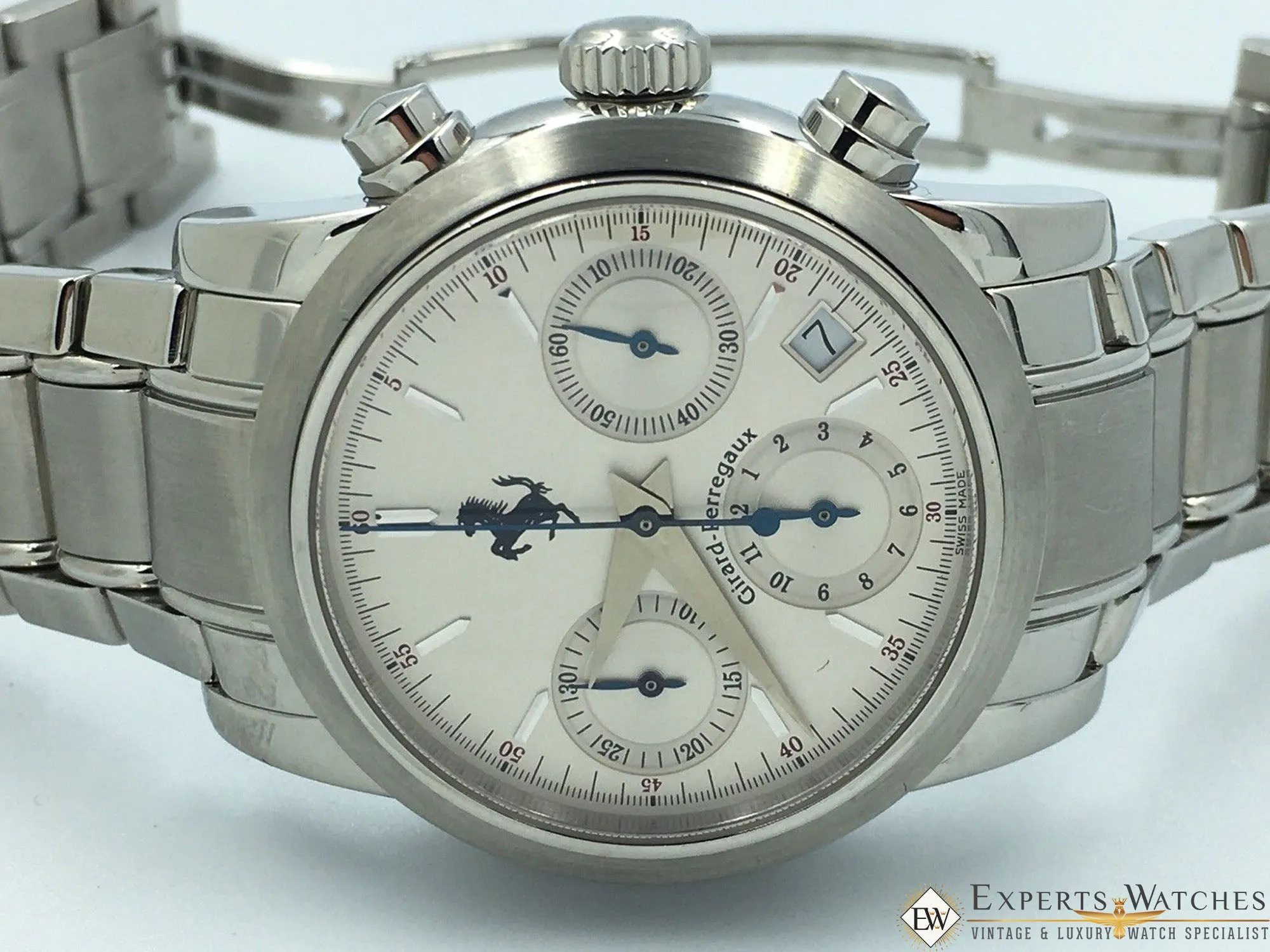 Sold!!! Girard Perregaux Ferrari Chronograph Date Automatic 8020 Silver Bracelet Box PP