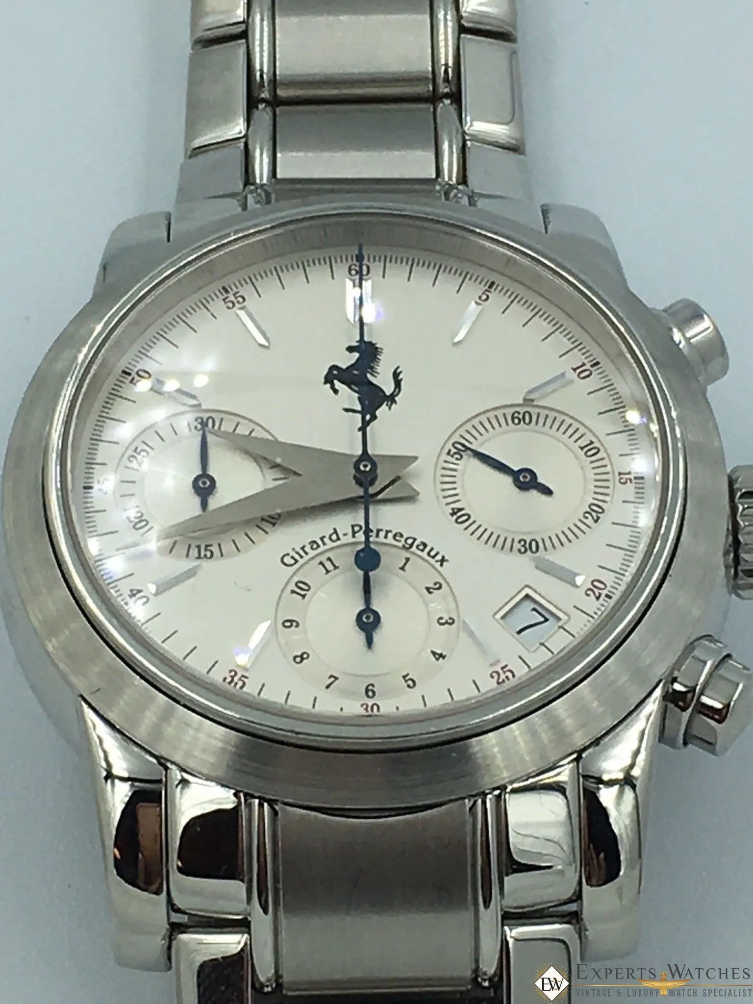 Sold!!! Girard Perregaux Ferrari Chronograph Date Automatic 8020 Silver Bracelet Box PP