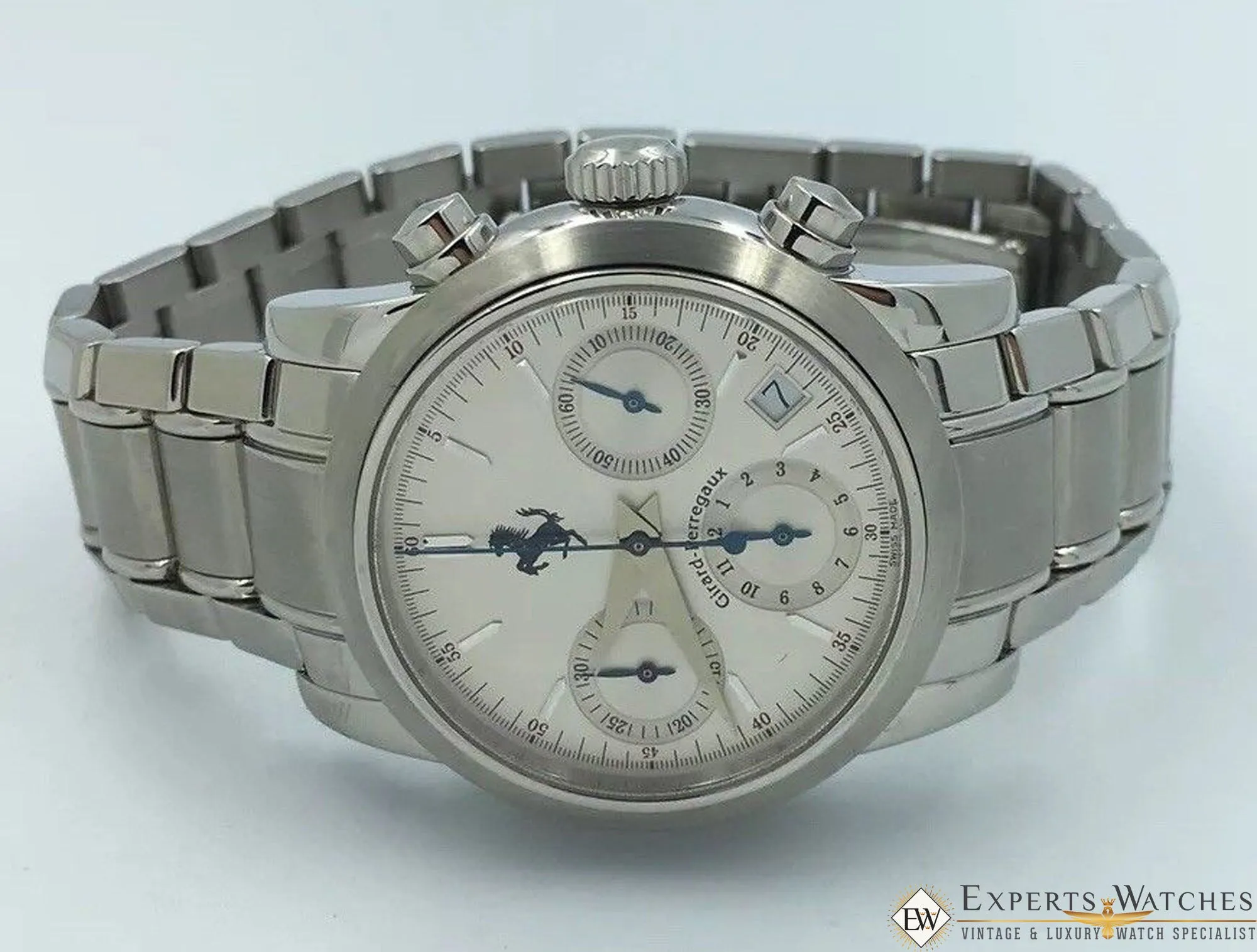 Sold!!! Girard Perregaux Ferrari Chronograph Date Automatic 8020 Silver Bracelet Box PP