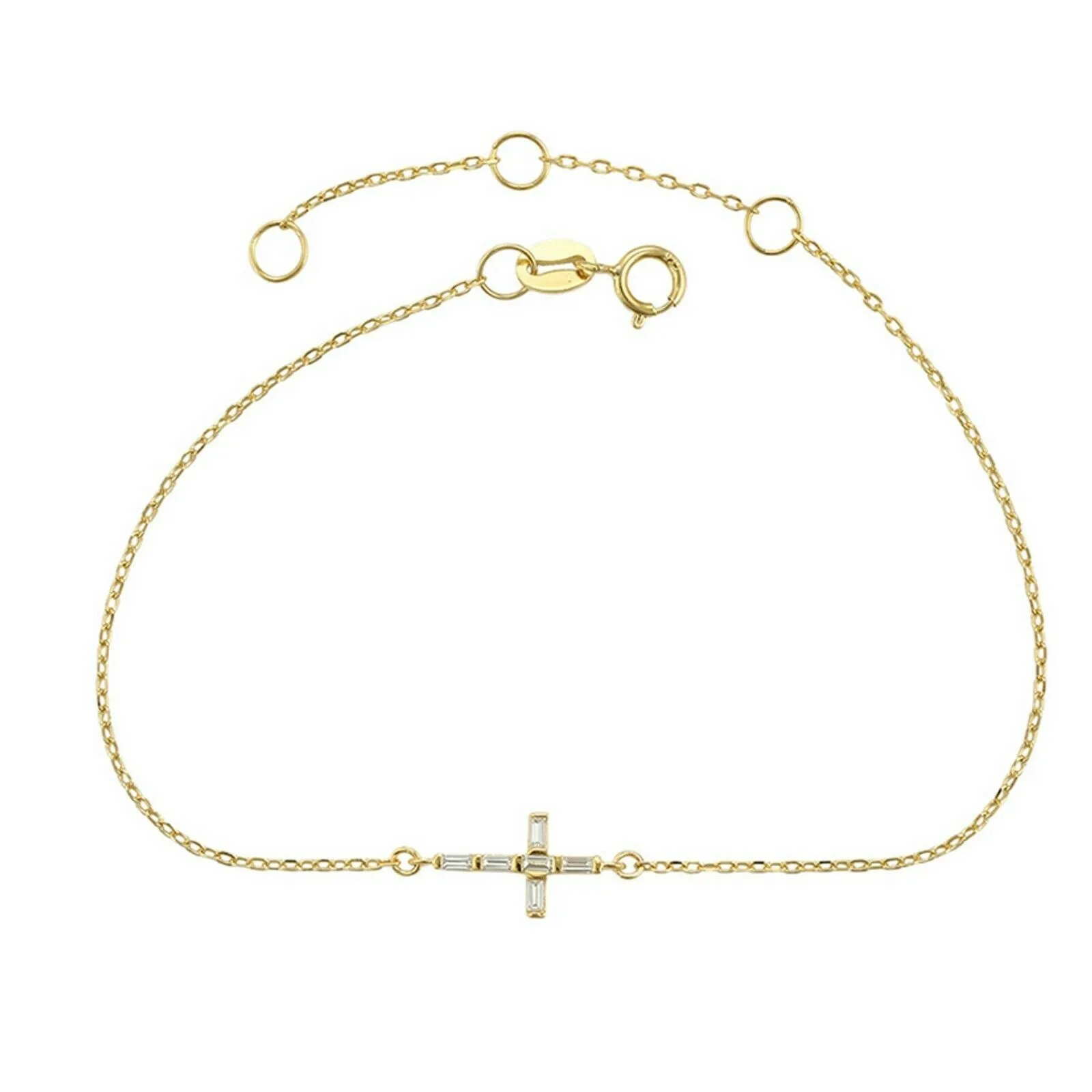 Solid 925 Sterling Silver - Gold Plated. Cross Crystals Bracelet. Religious.