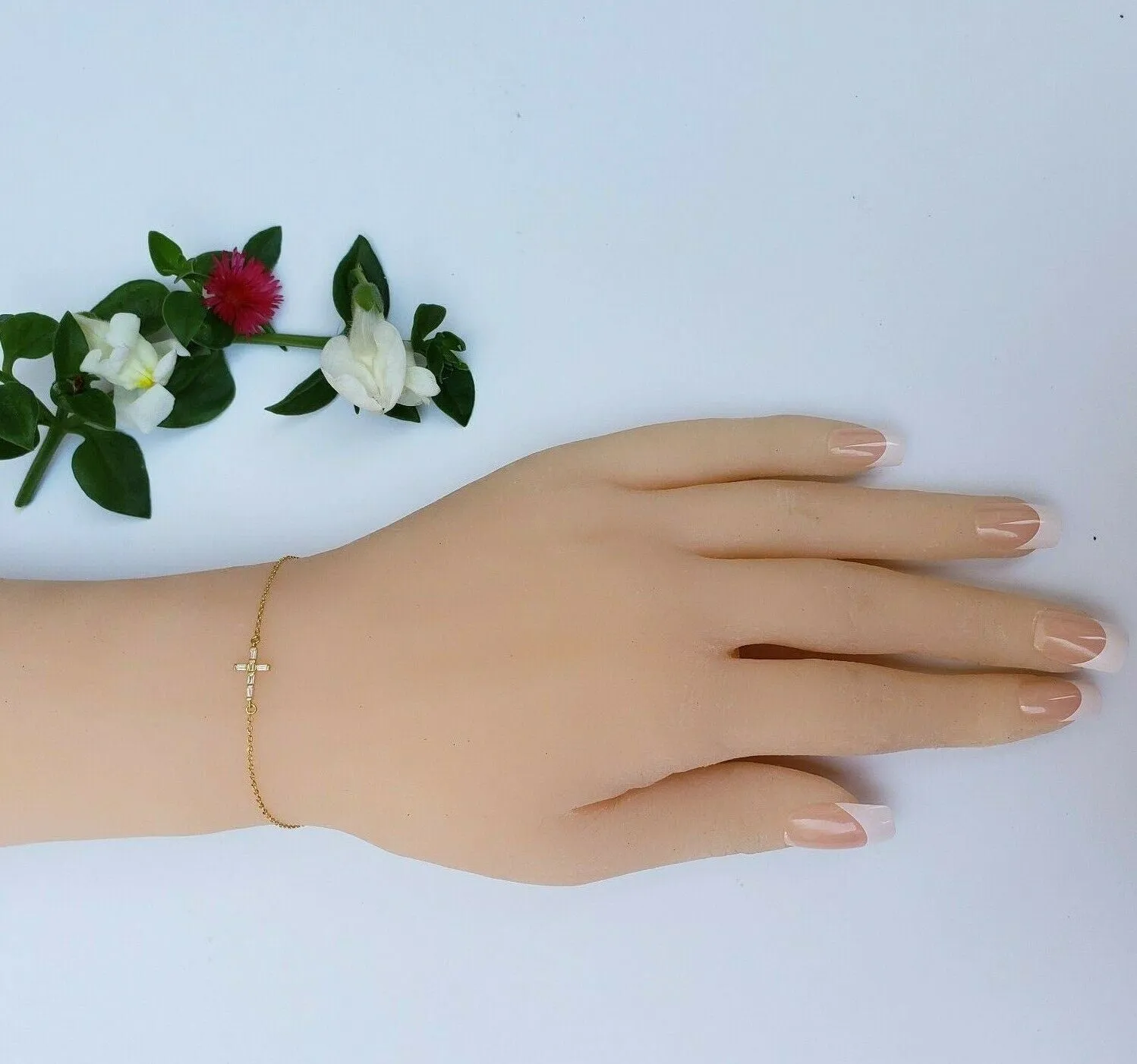 Solid 925 Sterling Silver - Gold Plated. Cross Crystals Bracelet. Religious.