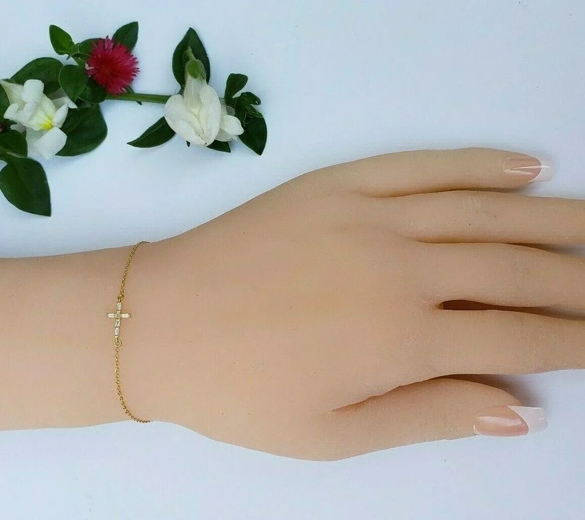 Solid 925 Sterling Silver - Gold Plated. Cross Crystals Bracelet. Religious.
