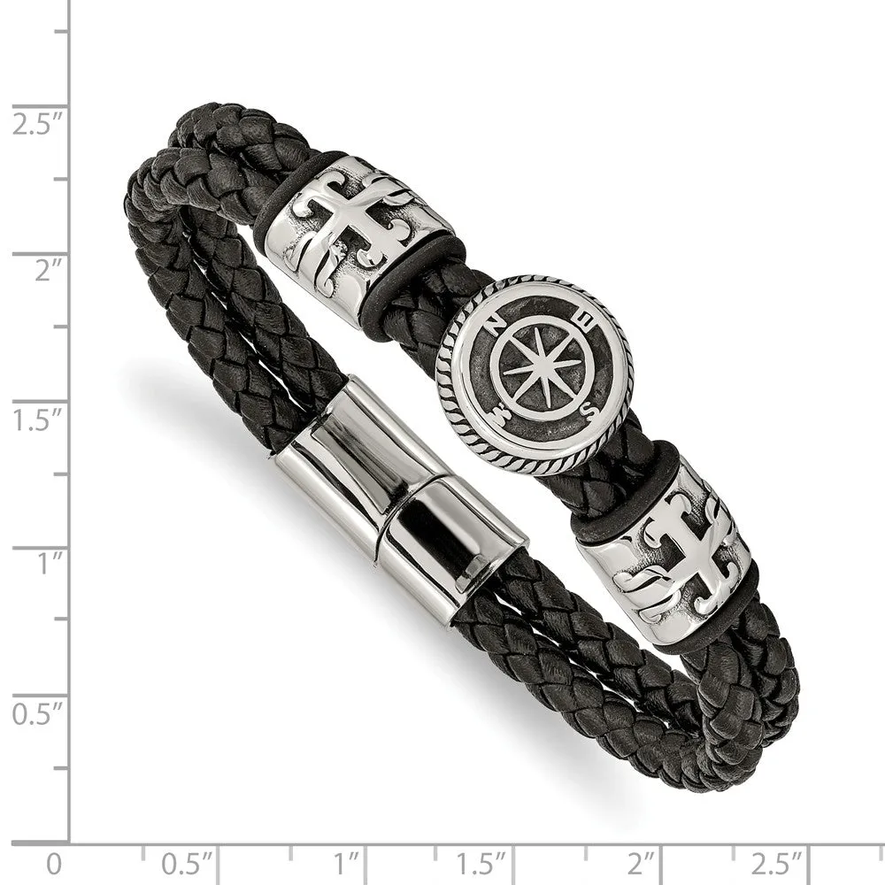 Stainless Steel Antiqued & Polished Black Leather w/Rubber 8.25in Bracelet