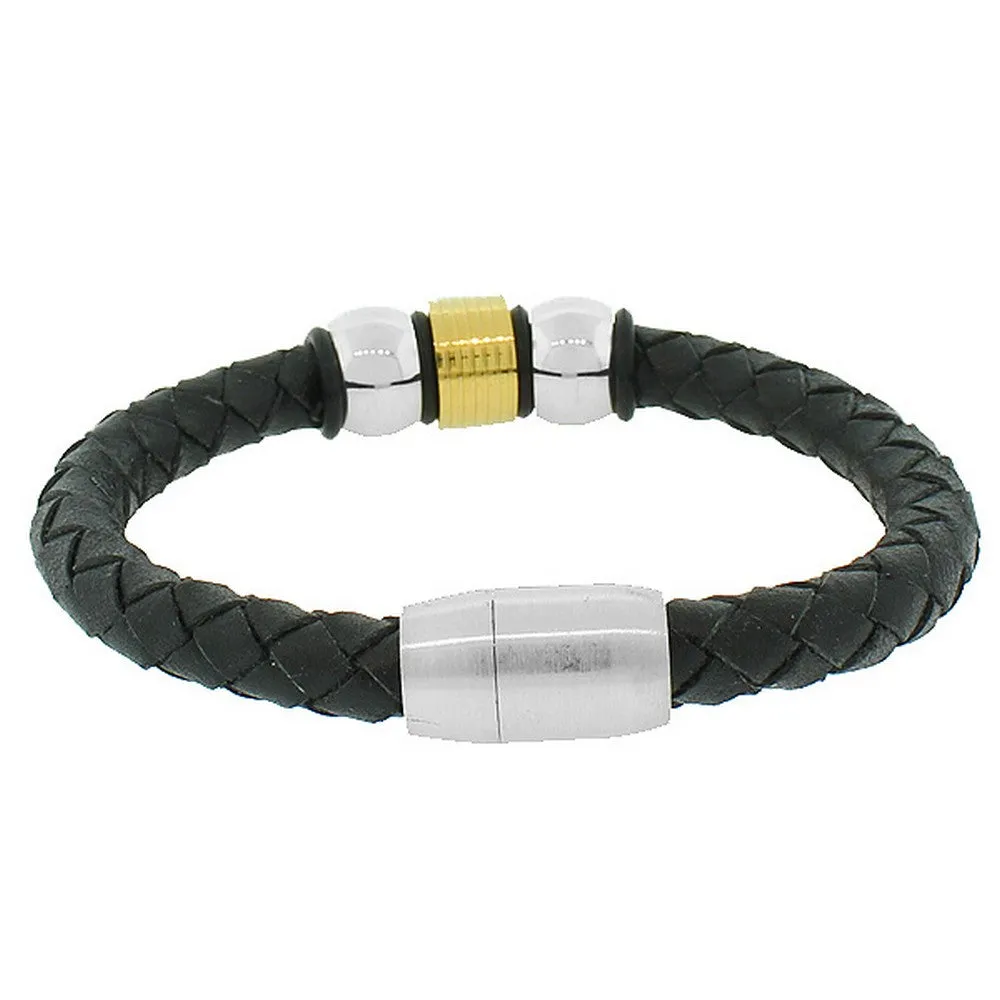 Stainless Steel Black Leather Two-Tone Men's Bracelet