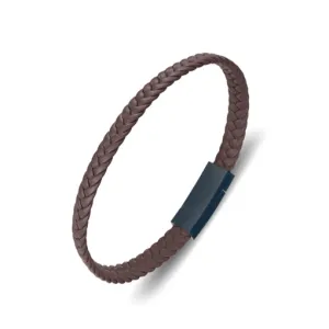 Stainless Steel Brown Leather Bracelet with Black Clasp