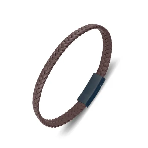 Stainless Steel Brown Leather Bracelet with Black Clasp
