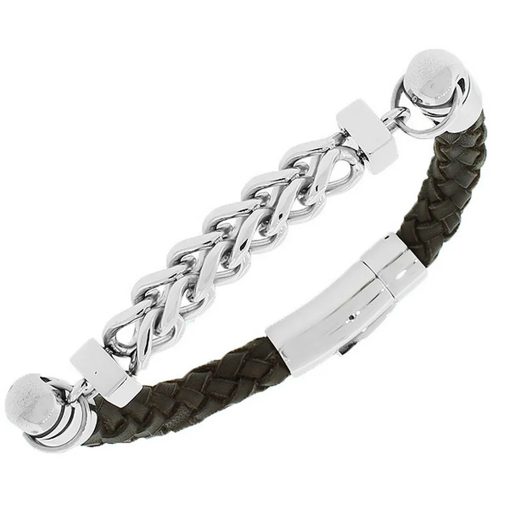 Stainless Steel Brown Leather Silver-Tone Link Chain Men's Bracelet