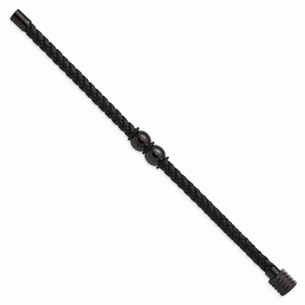 Stainless Steel Polished Black IP Black Rubber and Leather 8.25in Bracelet