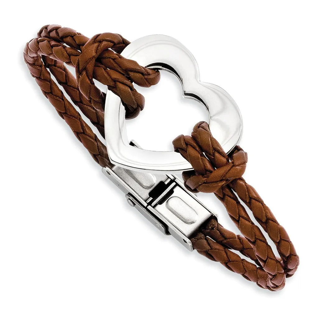 Stainless Steel Polished Heart 7.5in Leather Bracelet