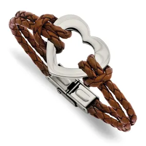 Stainless Steel Polished Heart 7.5in Leather Bracelet