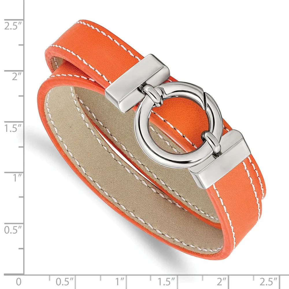 Stainless Steel Polished Orange Leather Wrap Bracelet