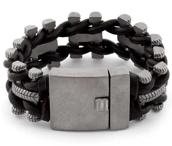 Stainless Steel Tire Tracks Brown Leather Bracelet