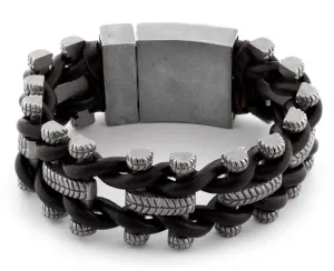 Stainless Steel Tire Tracks Brown Leather Bracelet