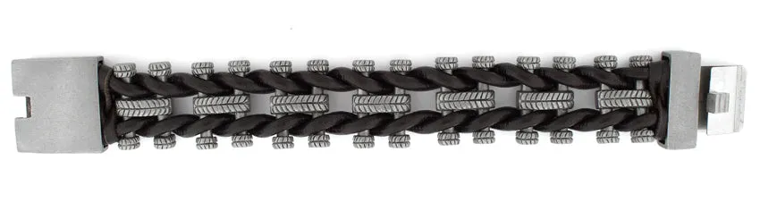 Stainless Steel Tire Tracks Brown Leather Bracelet