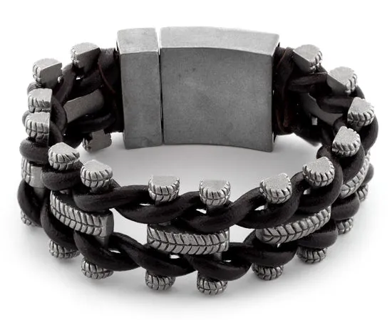 Stainless Steel Tire Tracks Brown Leather Bracelet