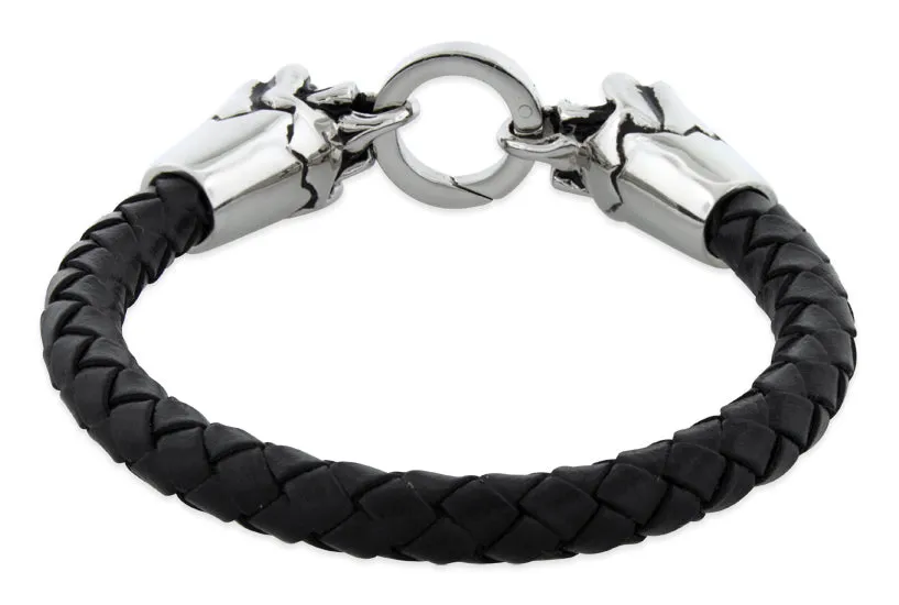 Stainless Steel Twin Skull Leather Bracelet
