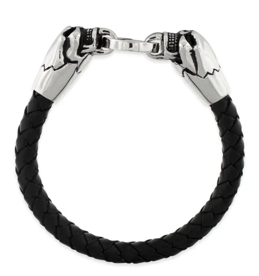 Stainless Steel Twin Skull Leather Bracelet