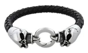 Stainless Steel Twin Skull Leather Bracelet
