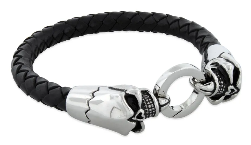 Stainless Steel Twin Skull Leather Bracelet