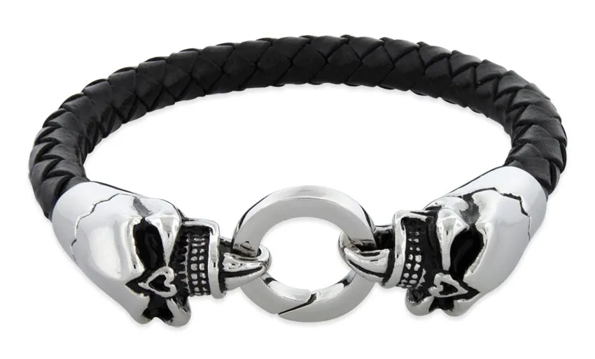 Stainless Steel Twin Skull Leather Bracelet