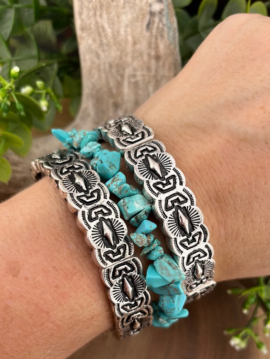 Stamped Silver & Tumbled Stone Set of 3 Stackable Stretch Bracelets - Turquoise