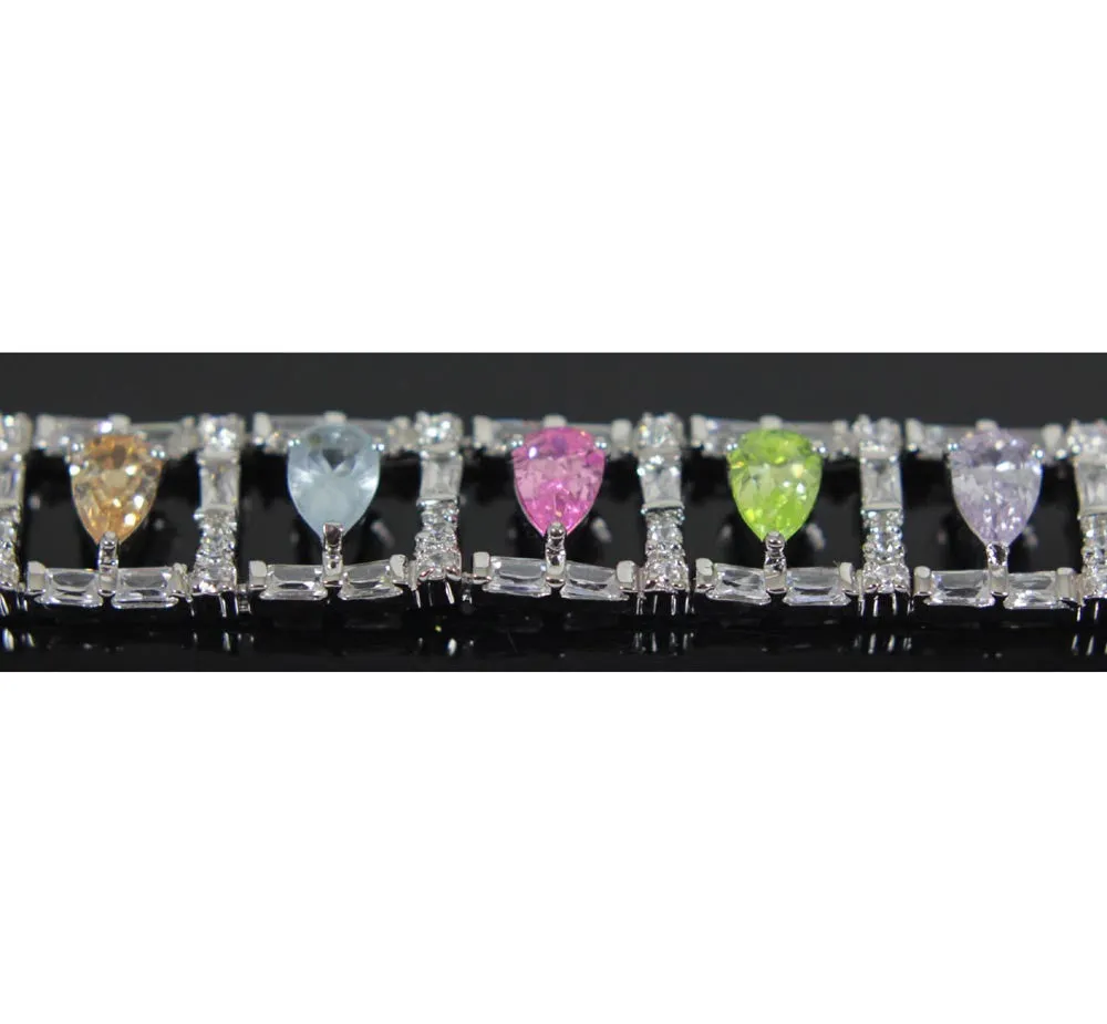 Sterling Silver Bracelet Multi Color Pear Zirconia 7"